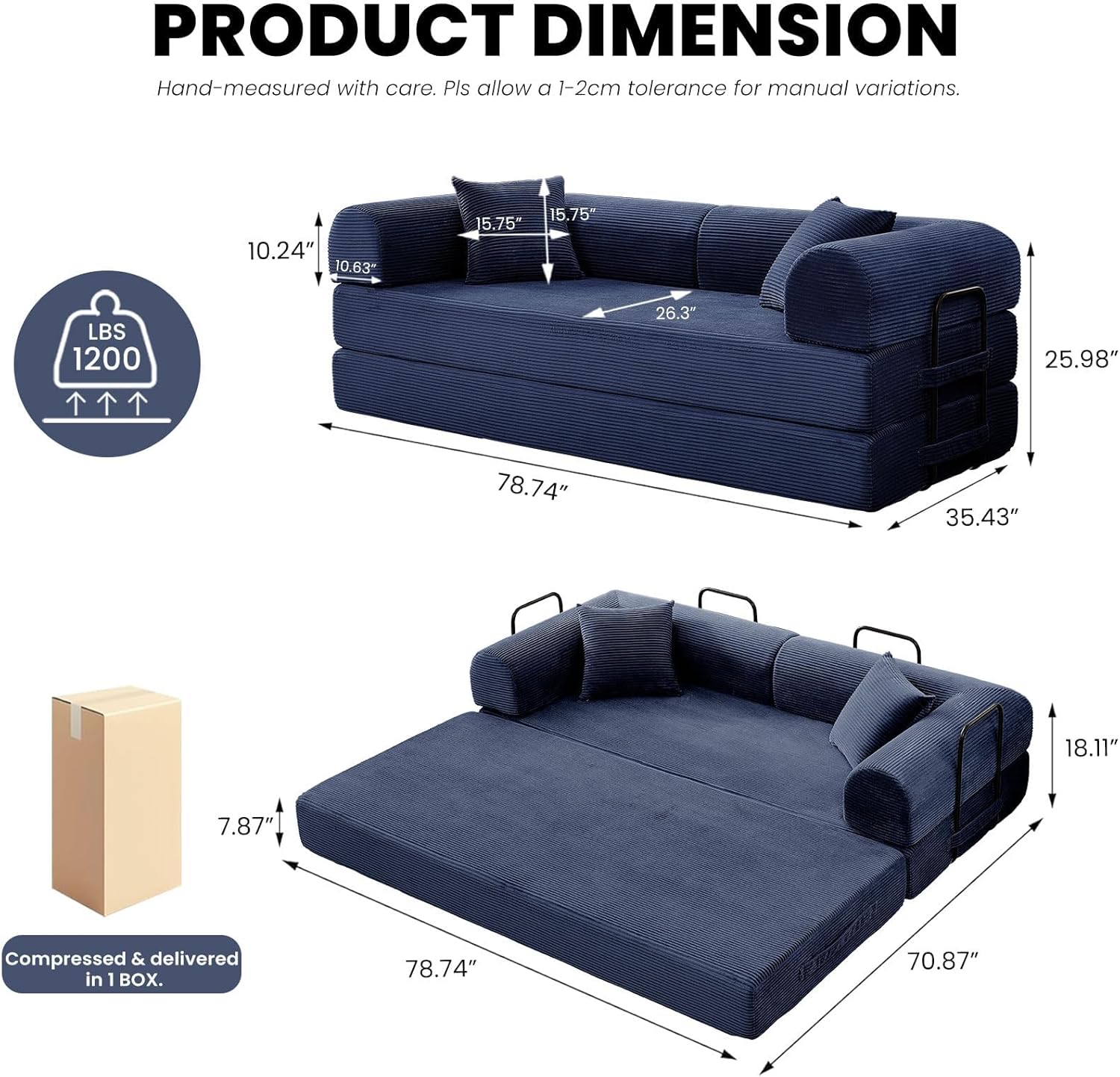 79'' Convertible Sleeper Sofa Bed, 5 in 1 Folding Floor Couch with Pull Out Bed, Modular Corduroy Sofa with Cushions for Living Room Apartment Bedroom Guest Room Use (Blue)