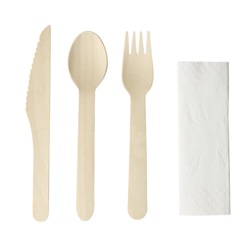 Set de couverts bois x3 couteau fourchette cuillère L20cm avec 1 serviette