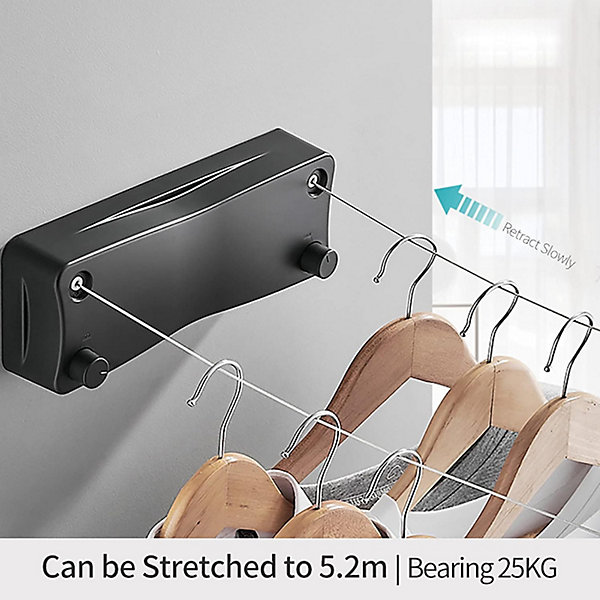 BASHLWUA étendoir à Linge RéTractable pour IntéRieur(Noir) ,Corde à Linge RéTractable 5.2m ,Acier Inoxydable Fil a Linge Exterieur