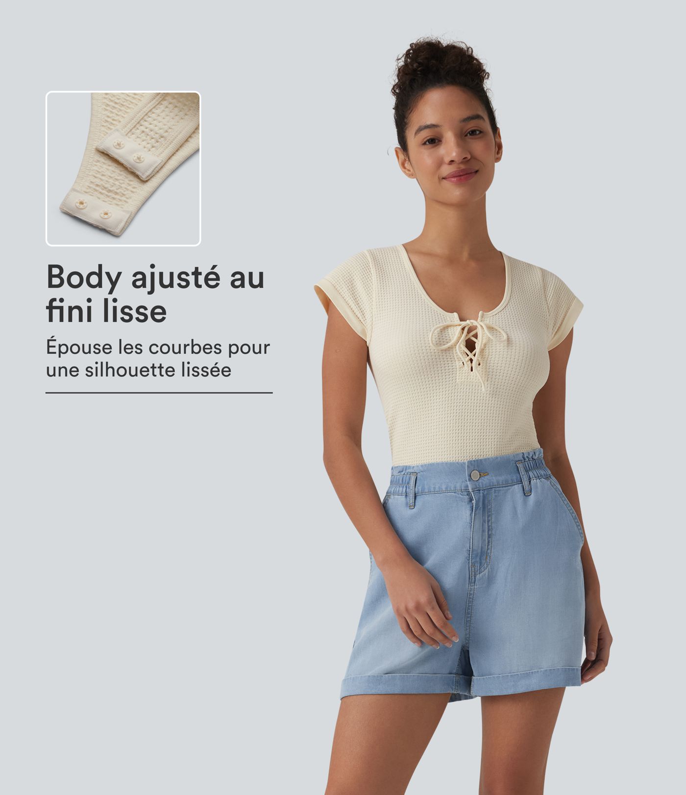 Body décontracté col rond à lacets manches courtes boutons-pression tissu gaufré