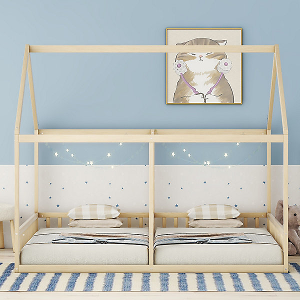 Lit 90x200 cm 2-en-1 modèle maison en pin et MDF couleur naturelle avec barrières de sécurité et toit décoratif