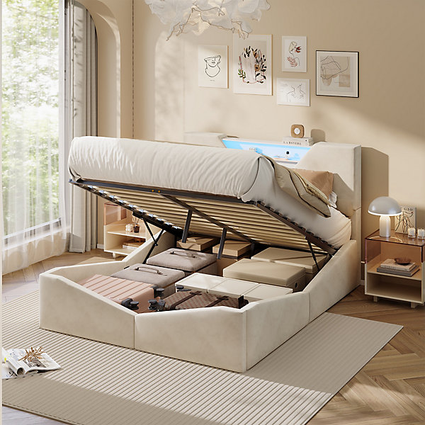 Lit coffre 140x190 cm beige avec tête de lit design triangulaire, rangements intégrés, éclairage LED et chargeur sans fil