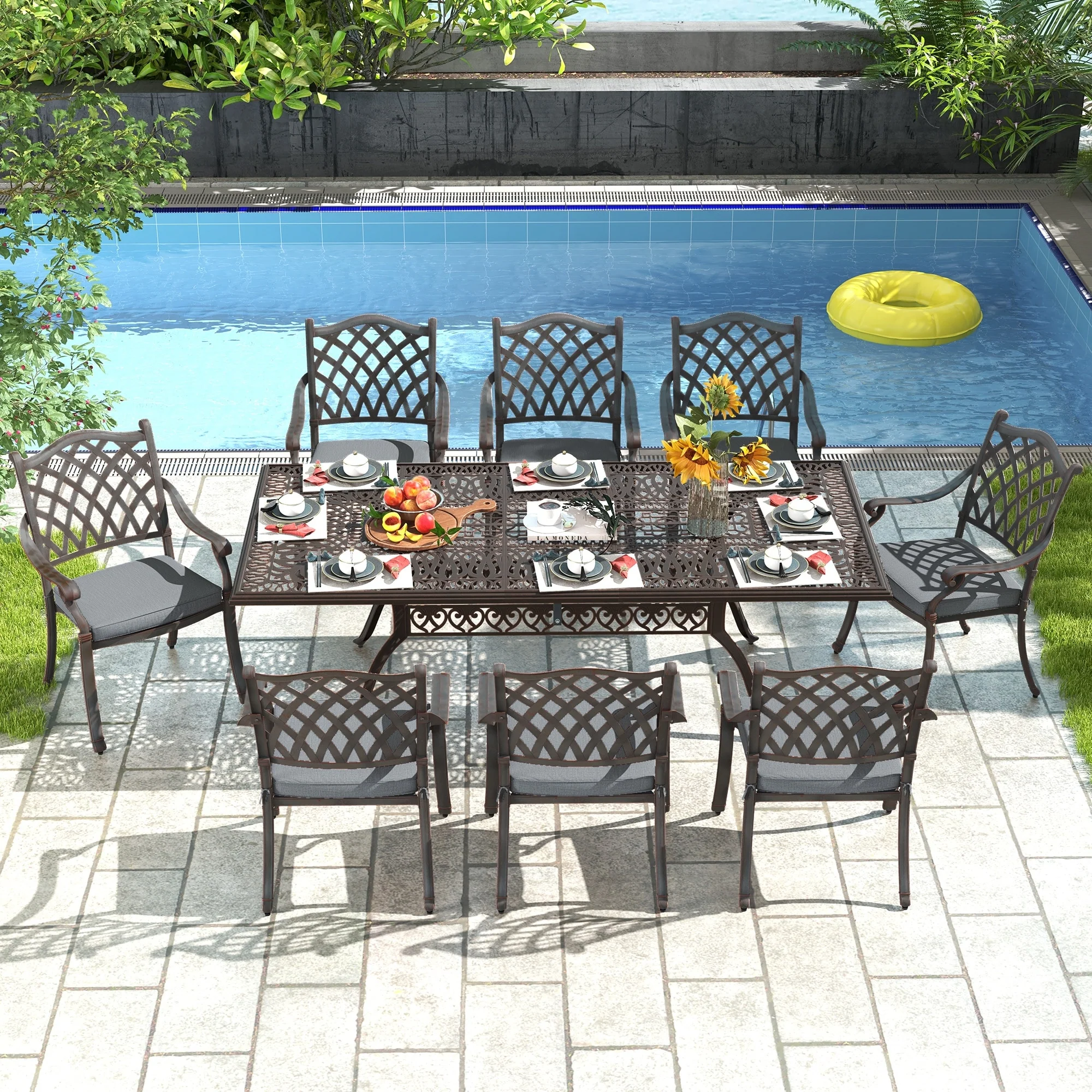 Aluminum 9-Piece Outdoor Rectangular Dining Set with Cushions & Umbrella hole