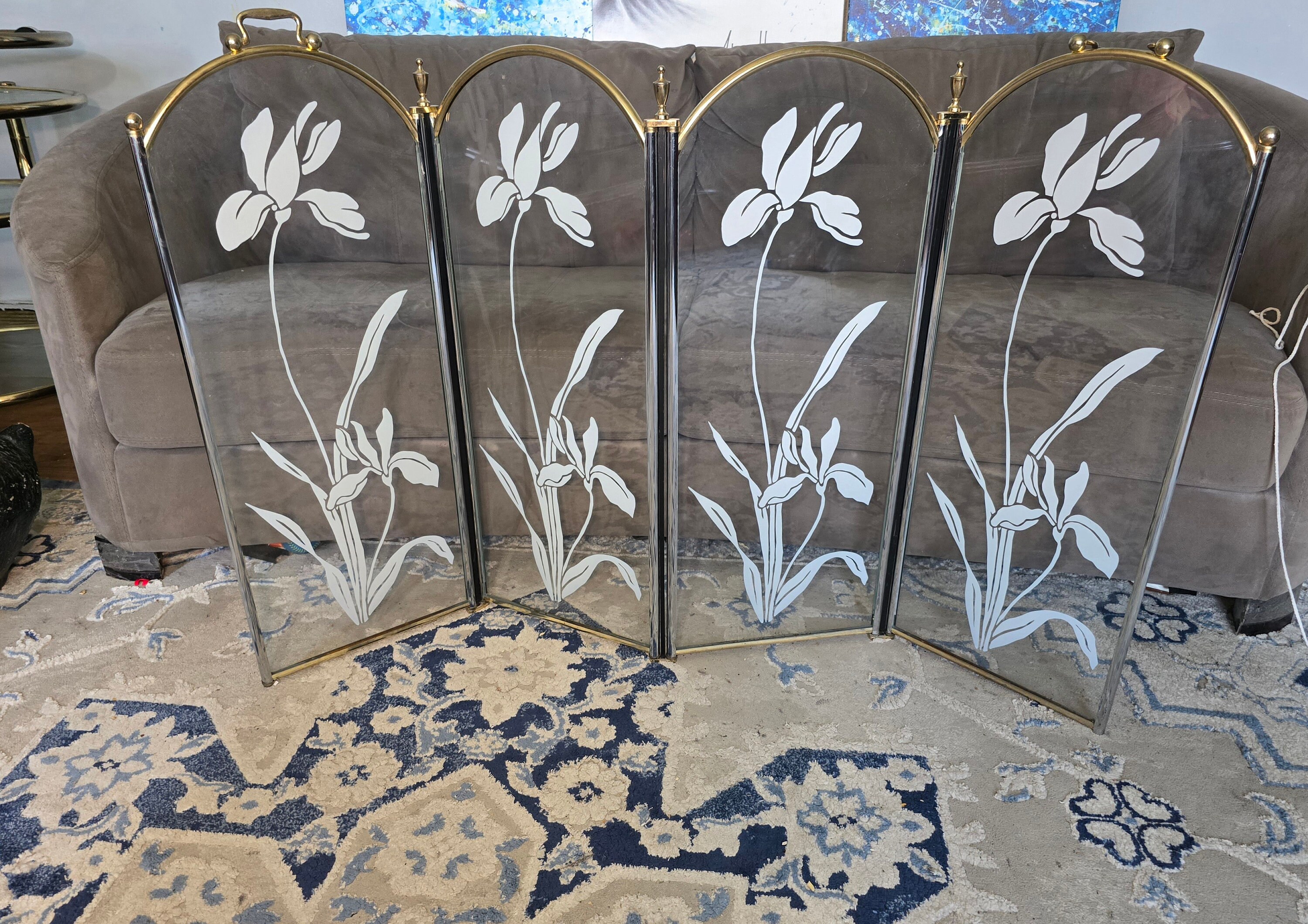 Brass&Glass Fireplace Screen, Vintage, Hollywood, Regency, Home Decor, Fire Place Accessories,