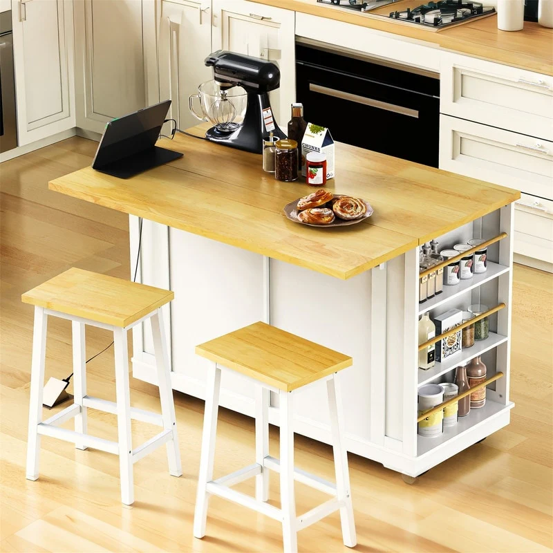 3-Piece/1-Piece Kitchen Island Set with/without 2 Barstools, Rolling Kitchen Storage Cart w/ 2 Drawers, Drop Leaf & 5 Side Racks
