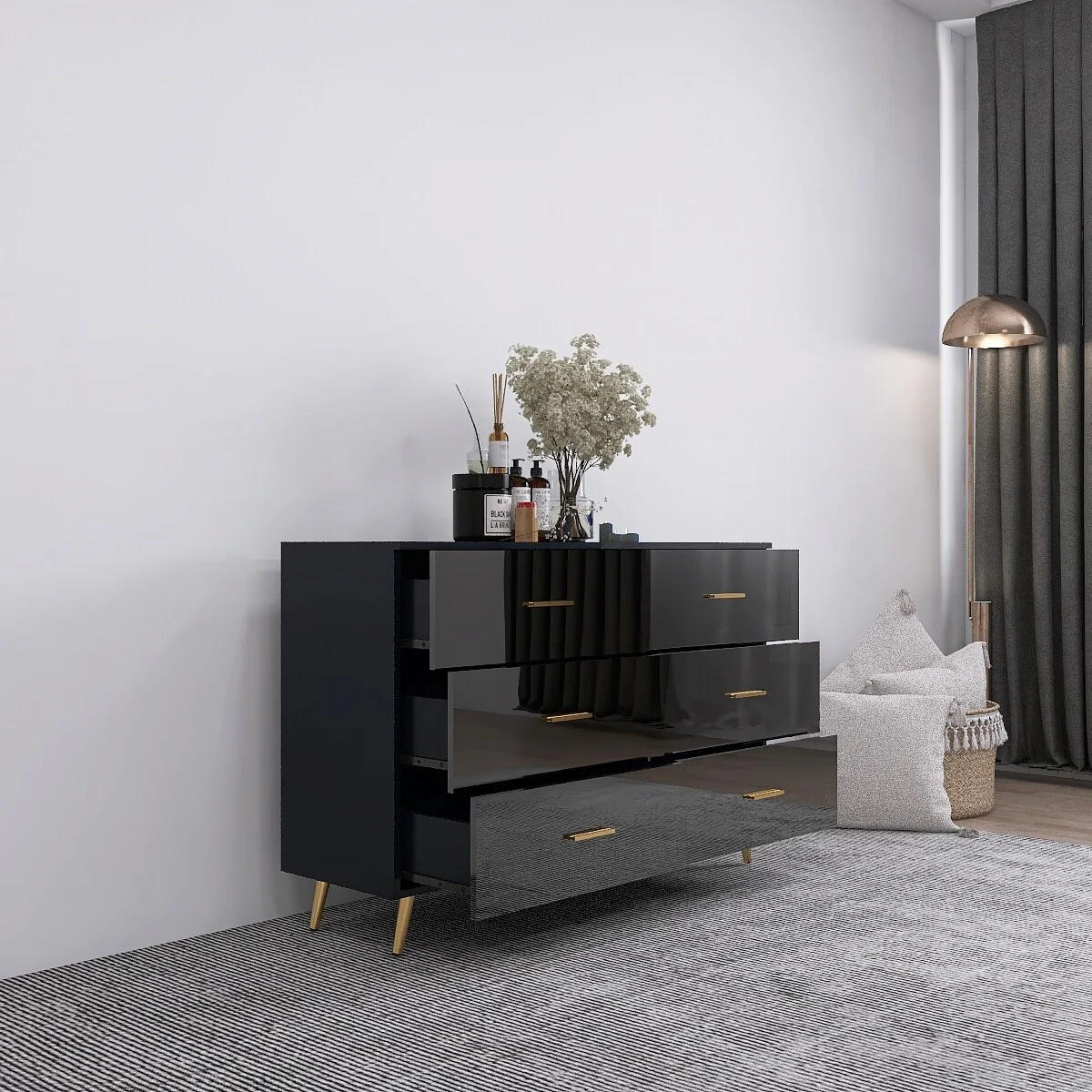 6-Drawer Double Dresser, Chest of Drawer with Golden Handle and Golden Steel Legs