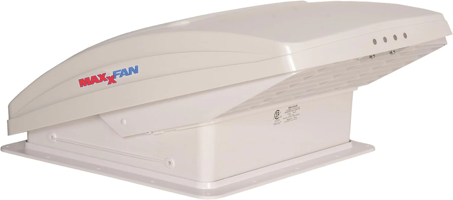 Deluxe - All-In-One RV Vent, Shield  Fan; Built-In Rain Shield, 10 Speed Reversible Fan with Thermostat, Fits Standard 14x14 Roof Openings, 12V Long Life Motor, White (00-05100K)(White)