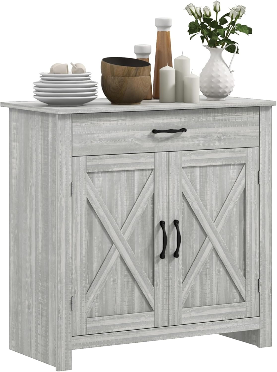HOMCOM Farmhouse Sideboard Buffet Cabinet, Barn Door Coffee Bar Cabinet with Drawer and Adjustable Shelf for Kitchen, Living Room, Entryway, Stone Gray