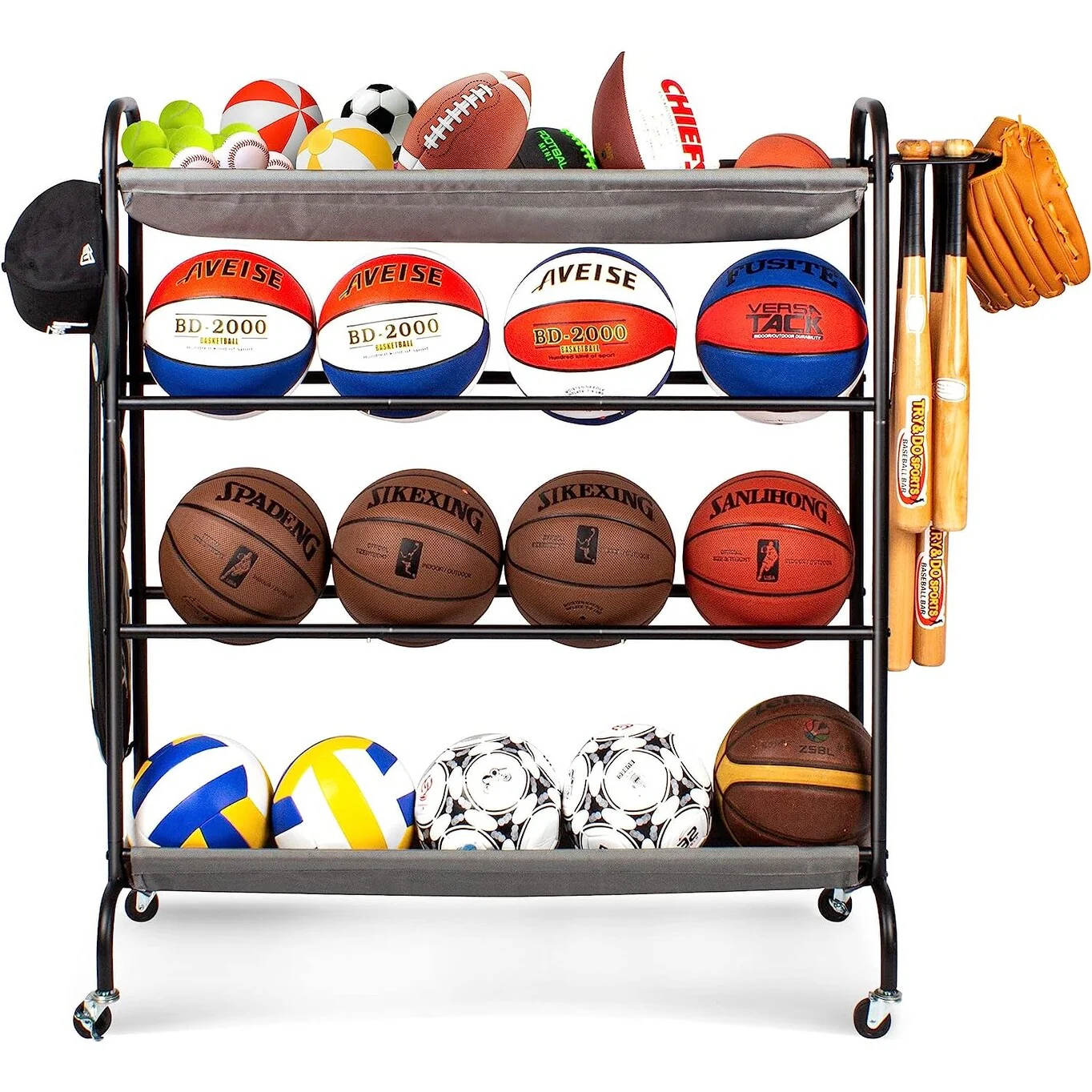 Sttoraboks Basketball Rack, Garage Ball Storage Stand Ball Rack Rolling Balls Organizer with Baseball Bat Holder & Hooks