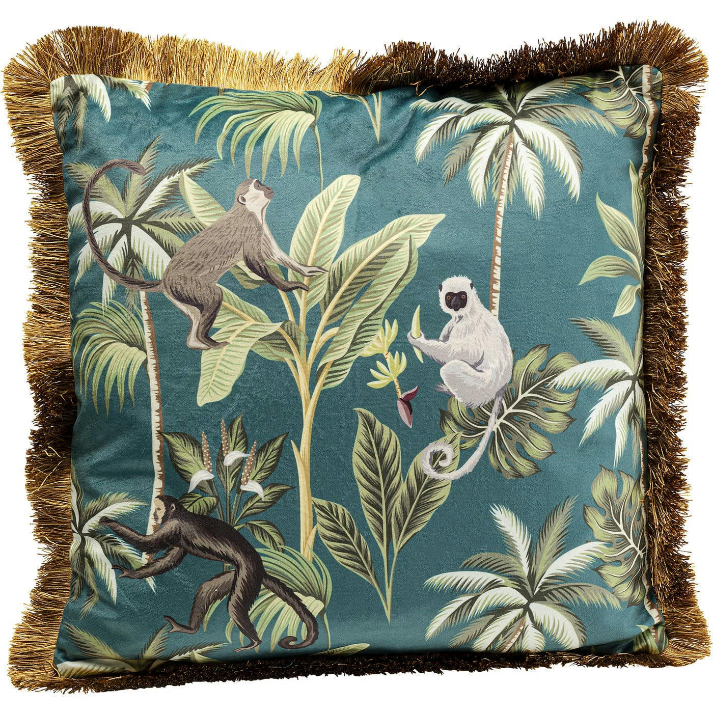 JUNGLE FEVER - Coussin bleu imprimés singes et feuilles à franges 45x45