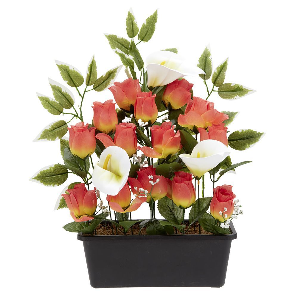 Jardinière rose/arum 20 têtes blanc et orange