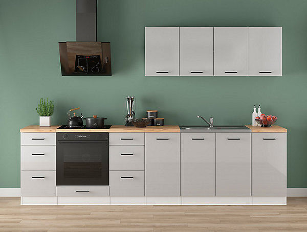 Cuisine complète 300 cm,Ensemble de meuble de cuisine coloris Gris clair brillant/Blanc, plan de travail non inclus