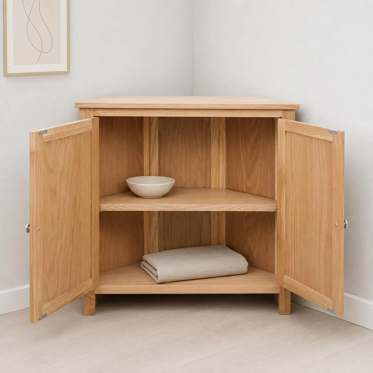 Solid Oak Wood Corner Cabinet - Space Saving Storage Unit with Double Doors