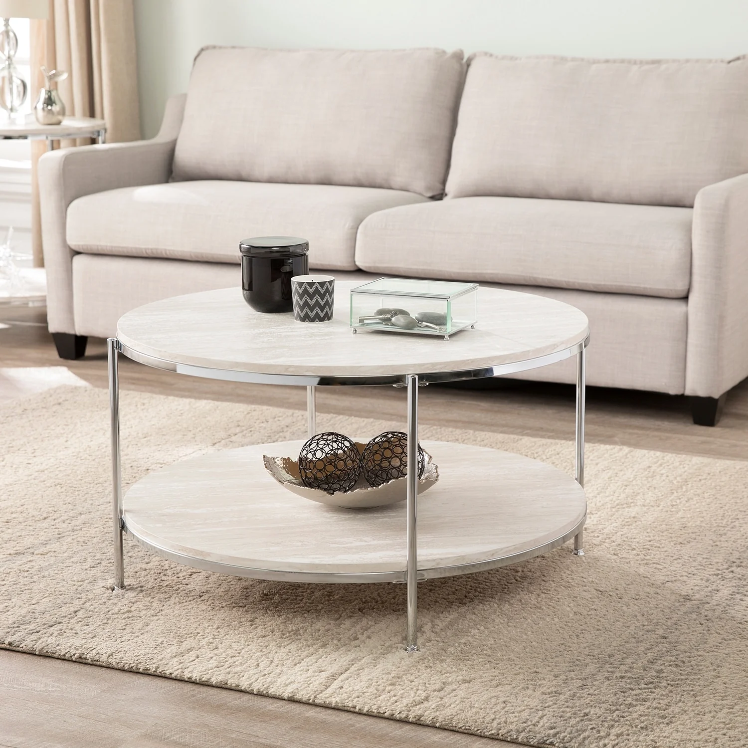 SEI Furniture Henderson Modern Faux Marble Round Coffee Table with Bottom Shelf