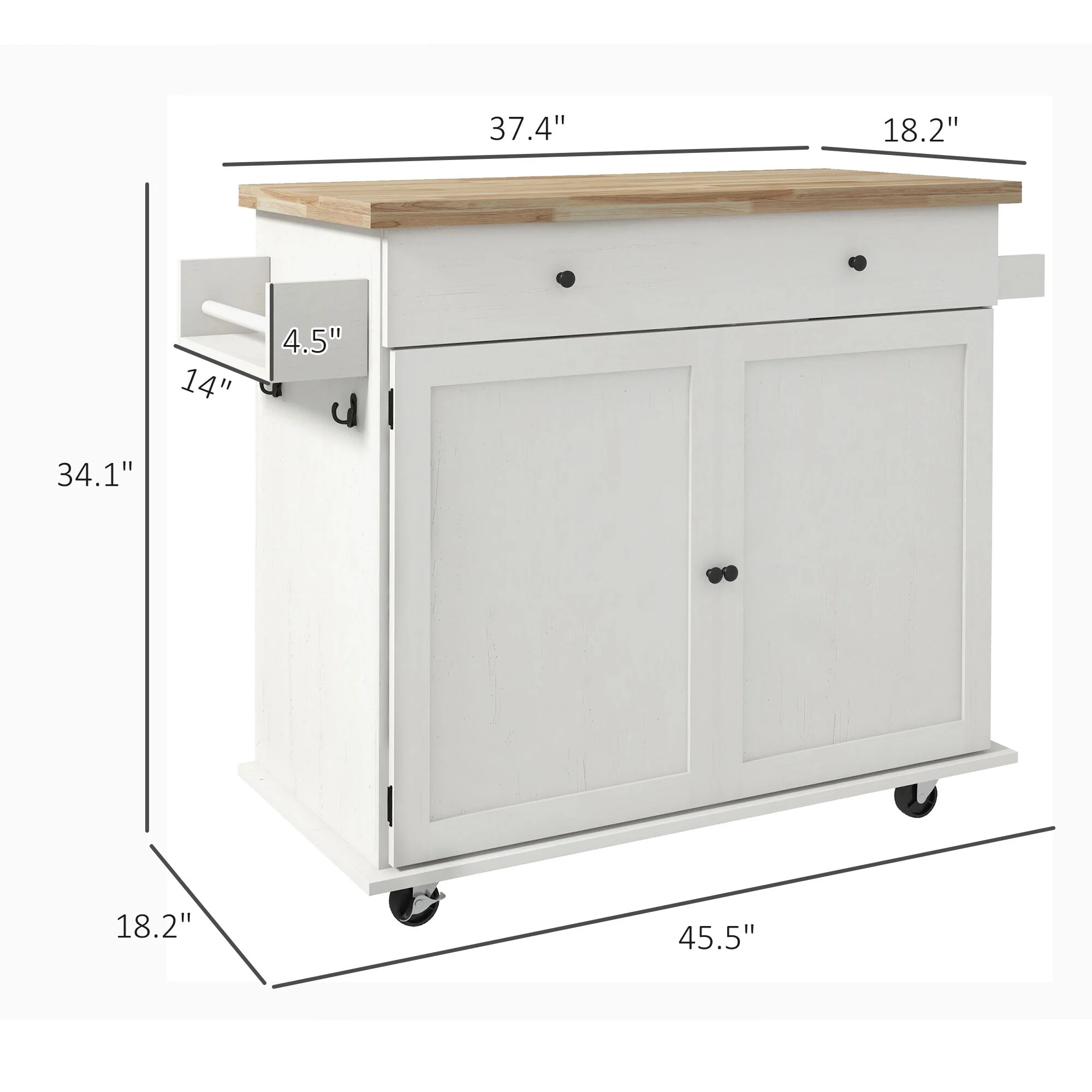 Rolling Kitchen Island Cart on Wheels with Drawer, 2 Cabinets, Rubberwood Top, Spice Rack, Towel Racks and 2 Hooks