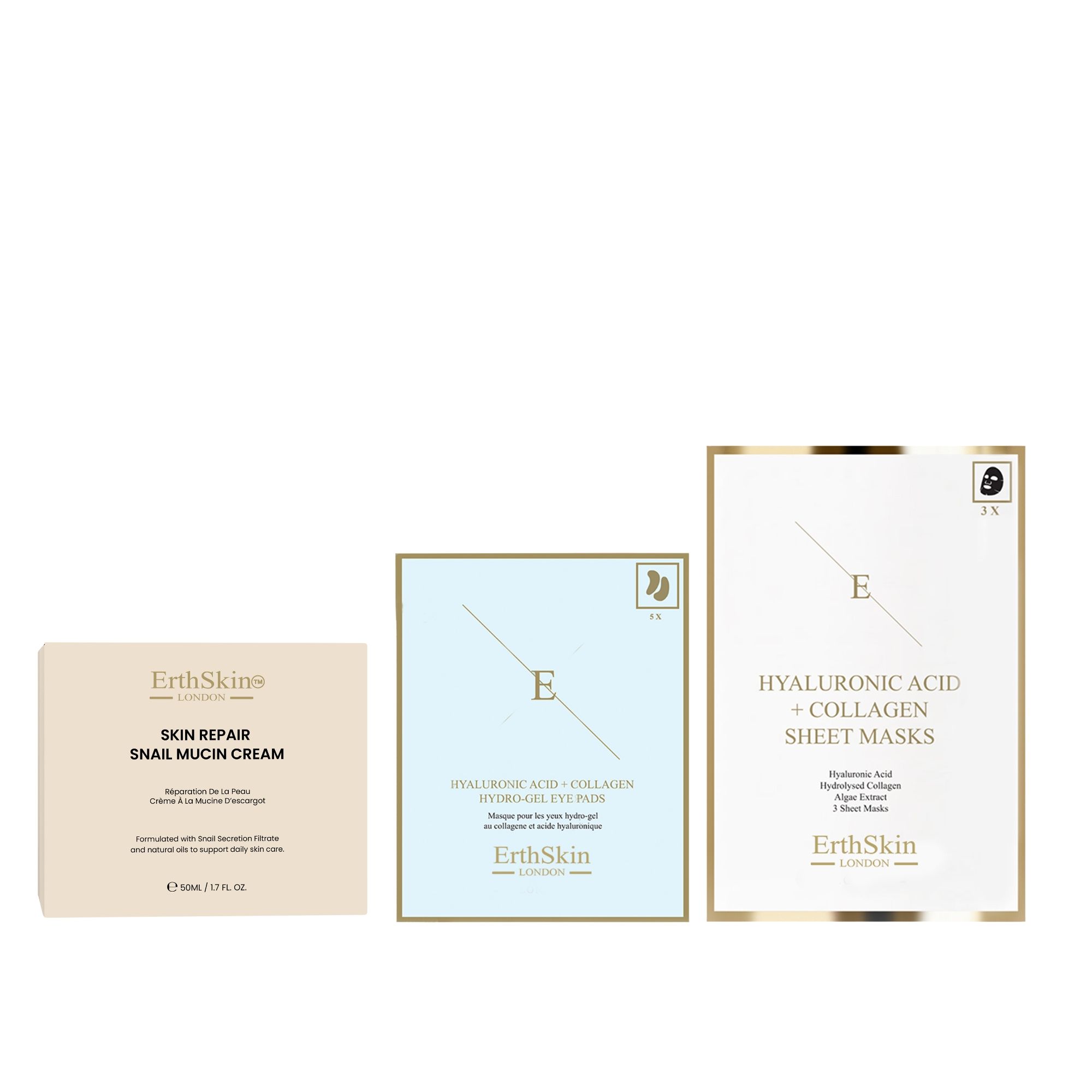 Erth Skin London Snail Mucin Cream   Collagen Eye Pads & Face Masks Trio