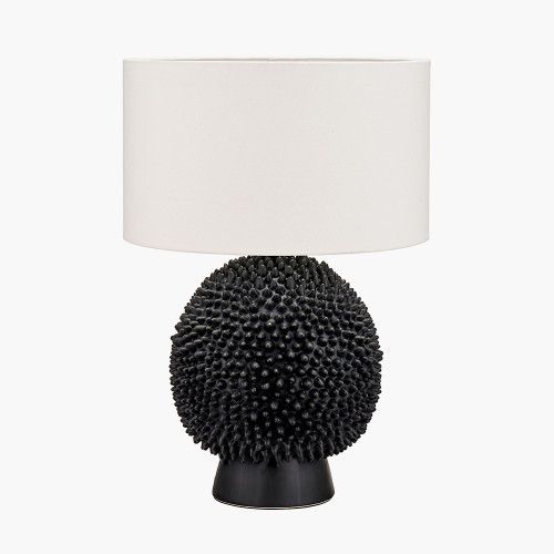 Ruma Black Ceramic Sea Urchin Table Lamp with White Handloom Cylinder Shade