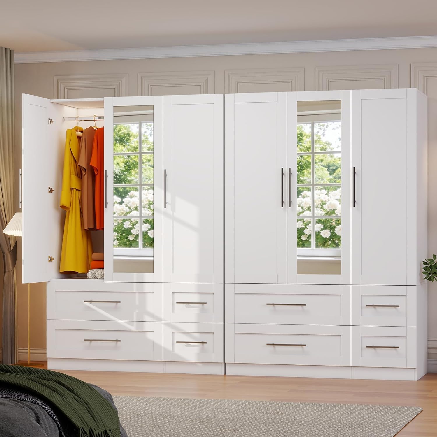 Armoire Wardrobe Closet with 8 Deep Drawers, Wooden Wardrobe Closet with Doors and Shelves, 71 Tall Large Wardrobe Bedroom Armoires with Center Mirror & Hanging Rod, Set of 2, White