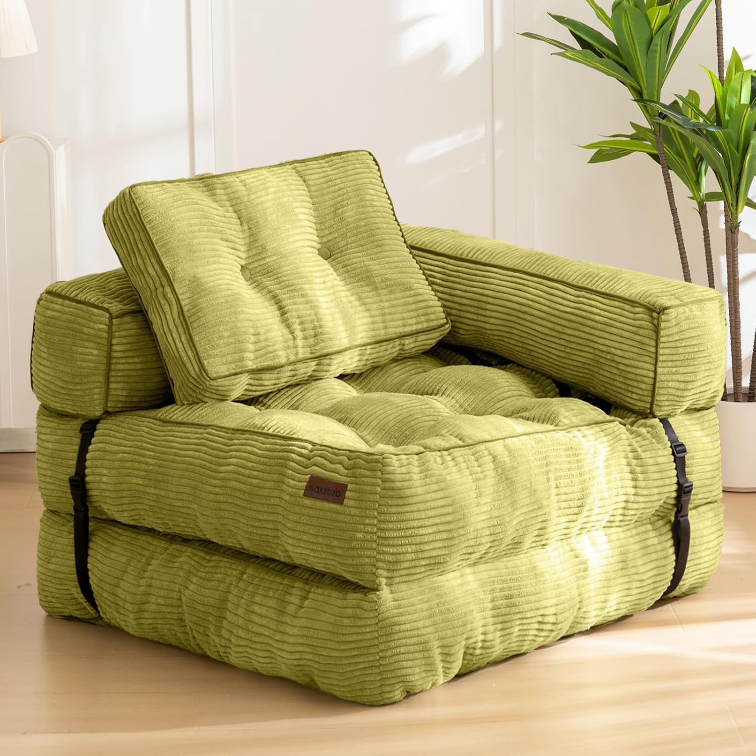 MAXYOYO Folding Sofa Bed, L-Shaped Convertible Sofa with Armrest Foldable Sleeper with Pillow, Portable Fold Out Chair Bed Comfy Floor Lounge for Living Room Bedroom, Green