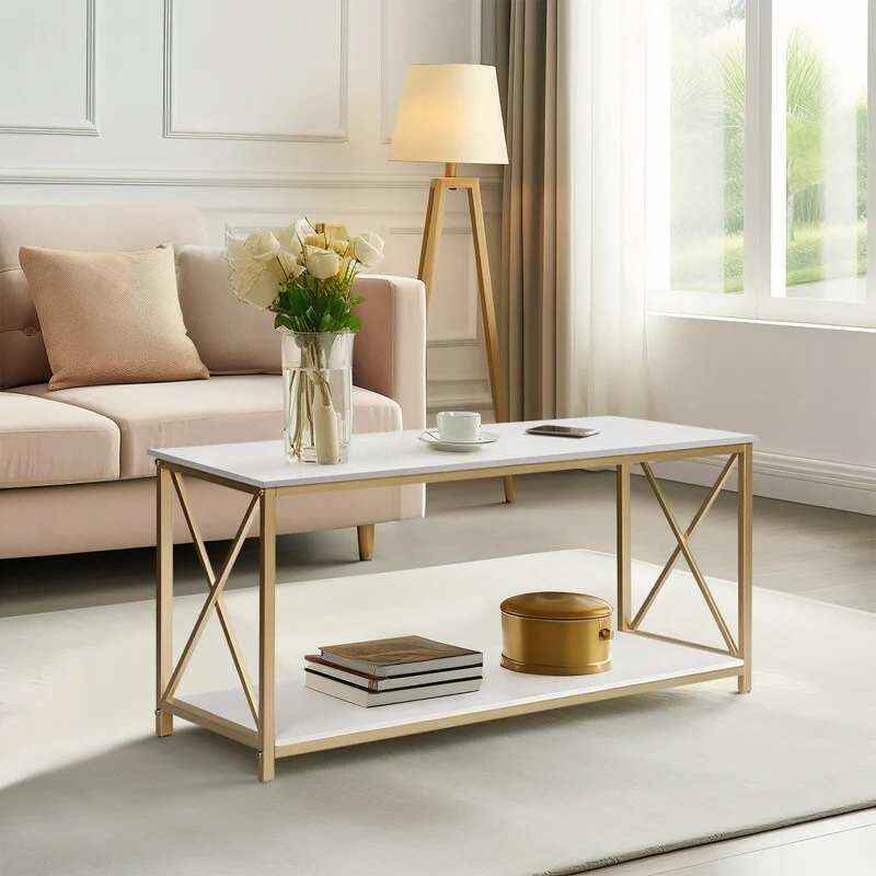 2-Tier Console Table, Gold Sofa Entry Table with Faux Marble Top