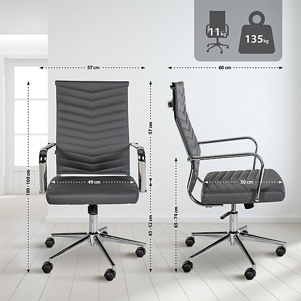 Chaise de bureau Canby similicuir, réglable en hauteur, pivotante, dossier et accoudoirs. Gris