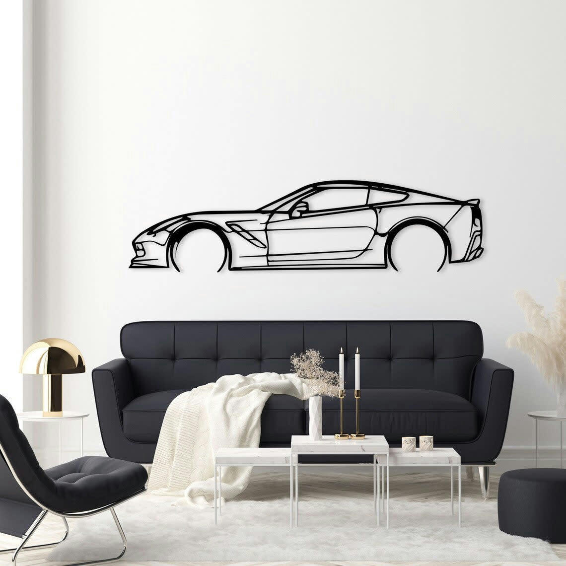 VOITURE - Décoration murale voiture corvette en métal noir 120x31 cm