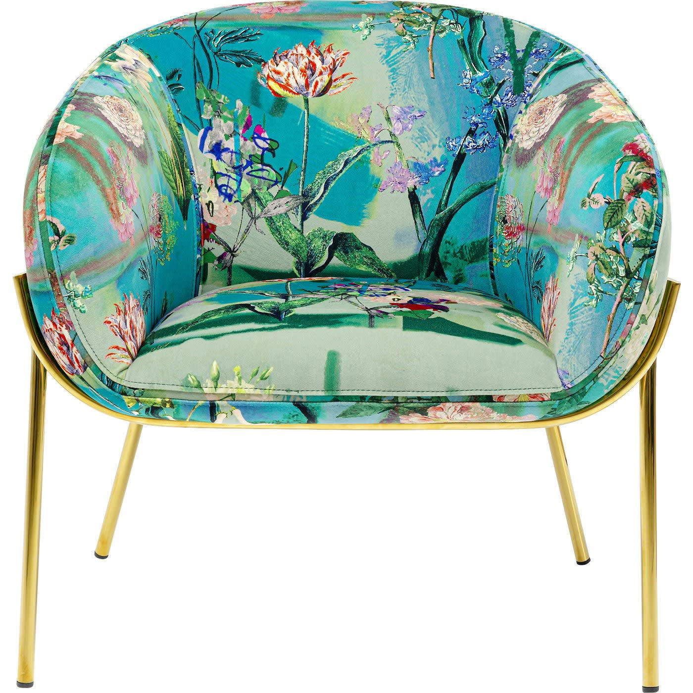 PARADISE - Fauteuil en tissu bleu imprimés fleurs et acier doré