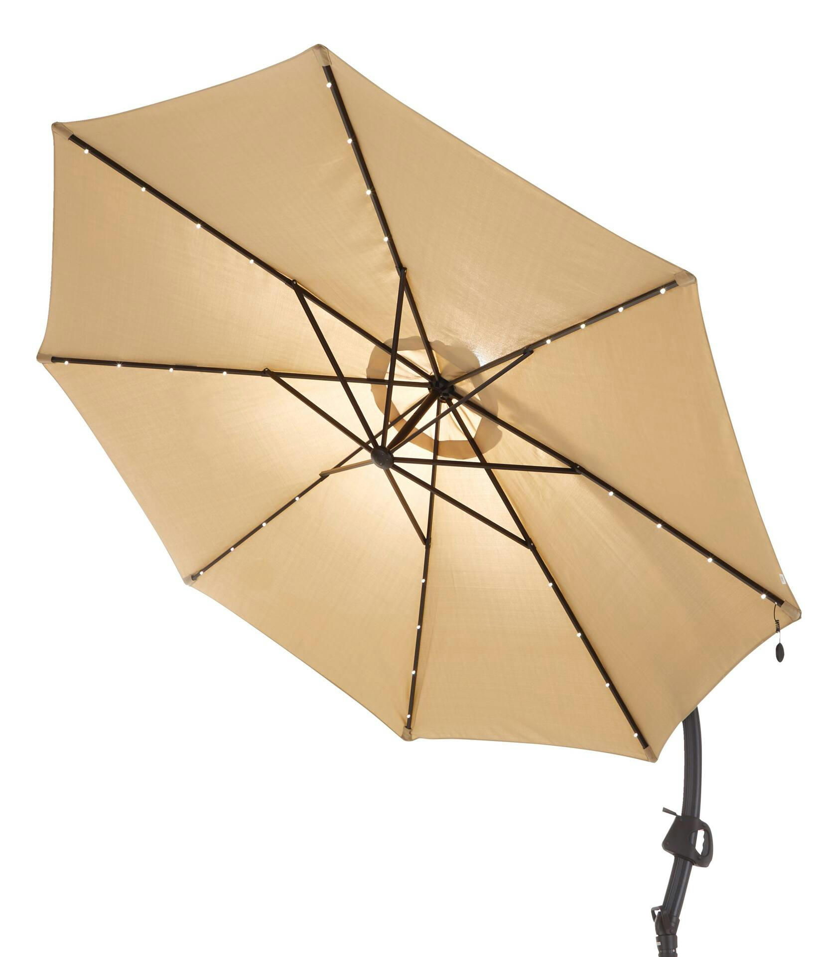 CANVAS Miramar Outdoor/Patio Offset Umbrella w/Solar LED Light, Base & Crank, Beige, 11-ft