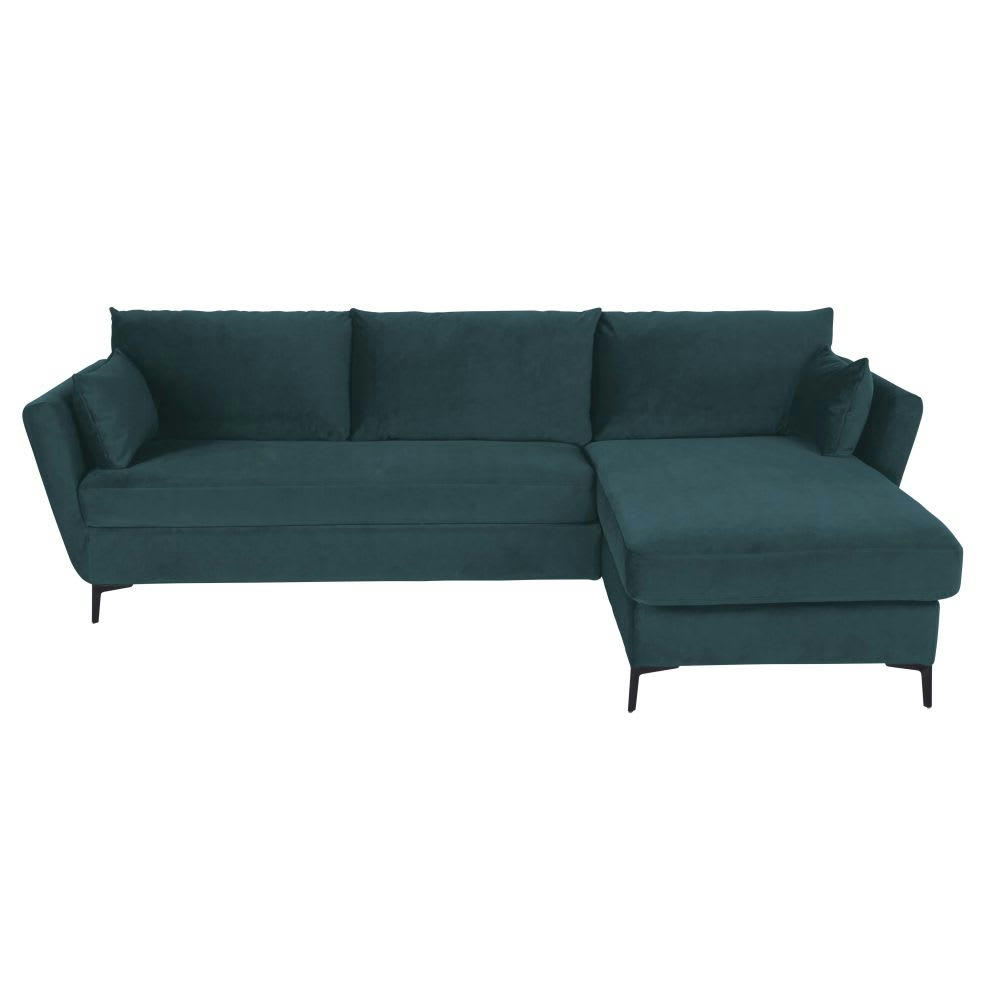 Prague - Canapé d'angle droit convertible 2/3 places en velours bleu paon, matelas 10 cm