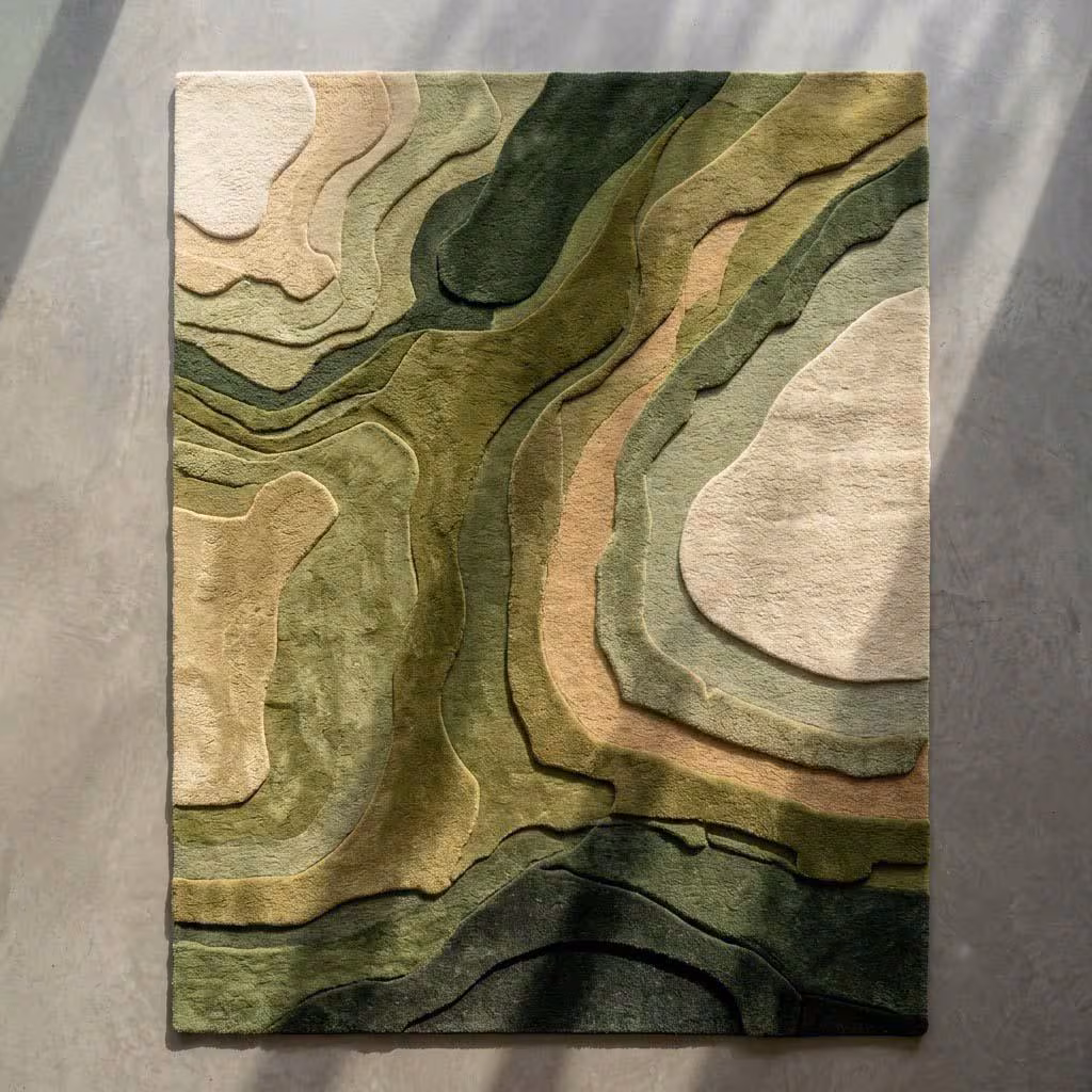 Hand Tufted Green Abstract Rug, Sage Olive Area Rug, 3D Sculpted Wool Carpet, Modern Organic Wave Rug, Contemporary Living Room Decor 6x9
