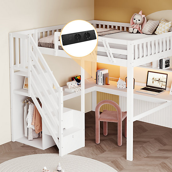 Lit mezzanine en bois massif 140x200cm LED - avec échelle de rangement - bureau et port USB - blanc (matelas non inclus)