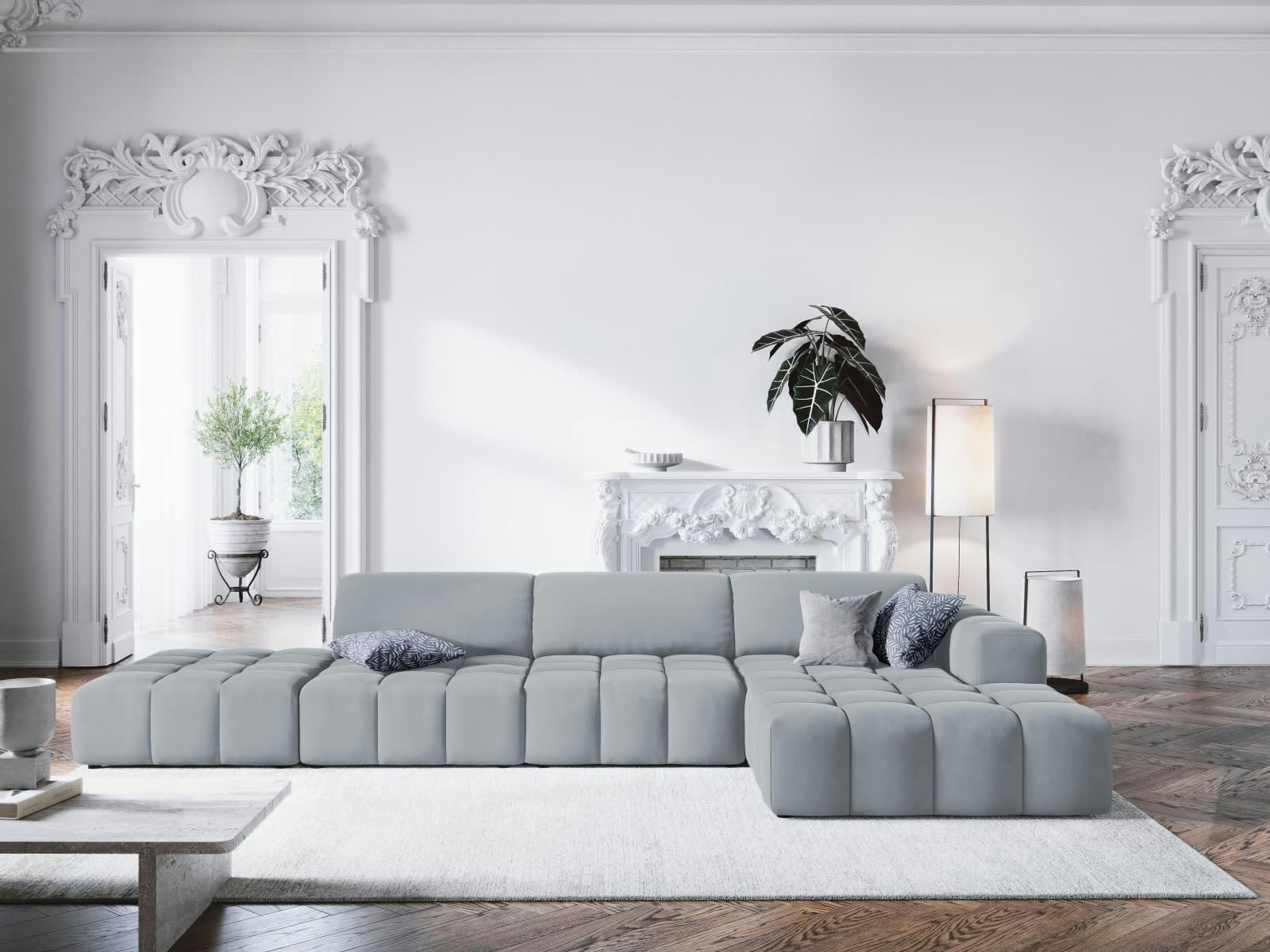 LUC - Canapé d'angle droit 5 places en tissu velours bleu clair