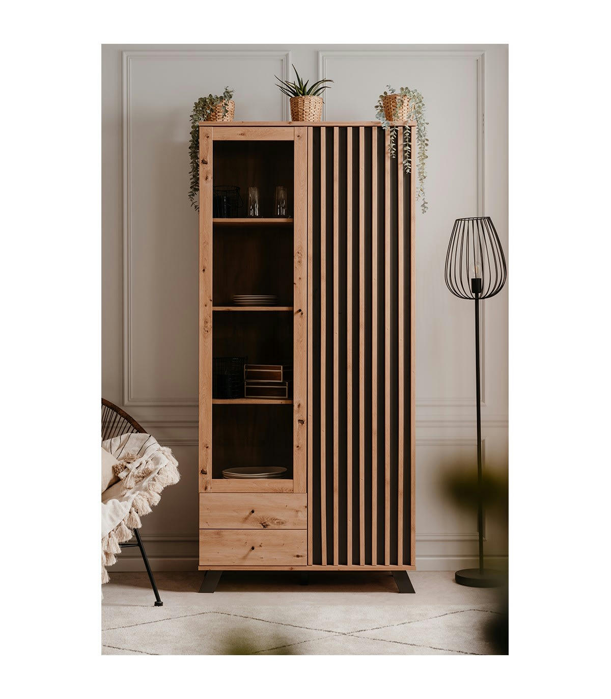 LUBLIN - Vaisselier 2 portes et 2 tiroirs effet bois - L92 x H198 cm