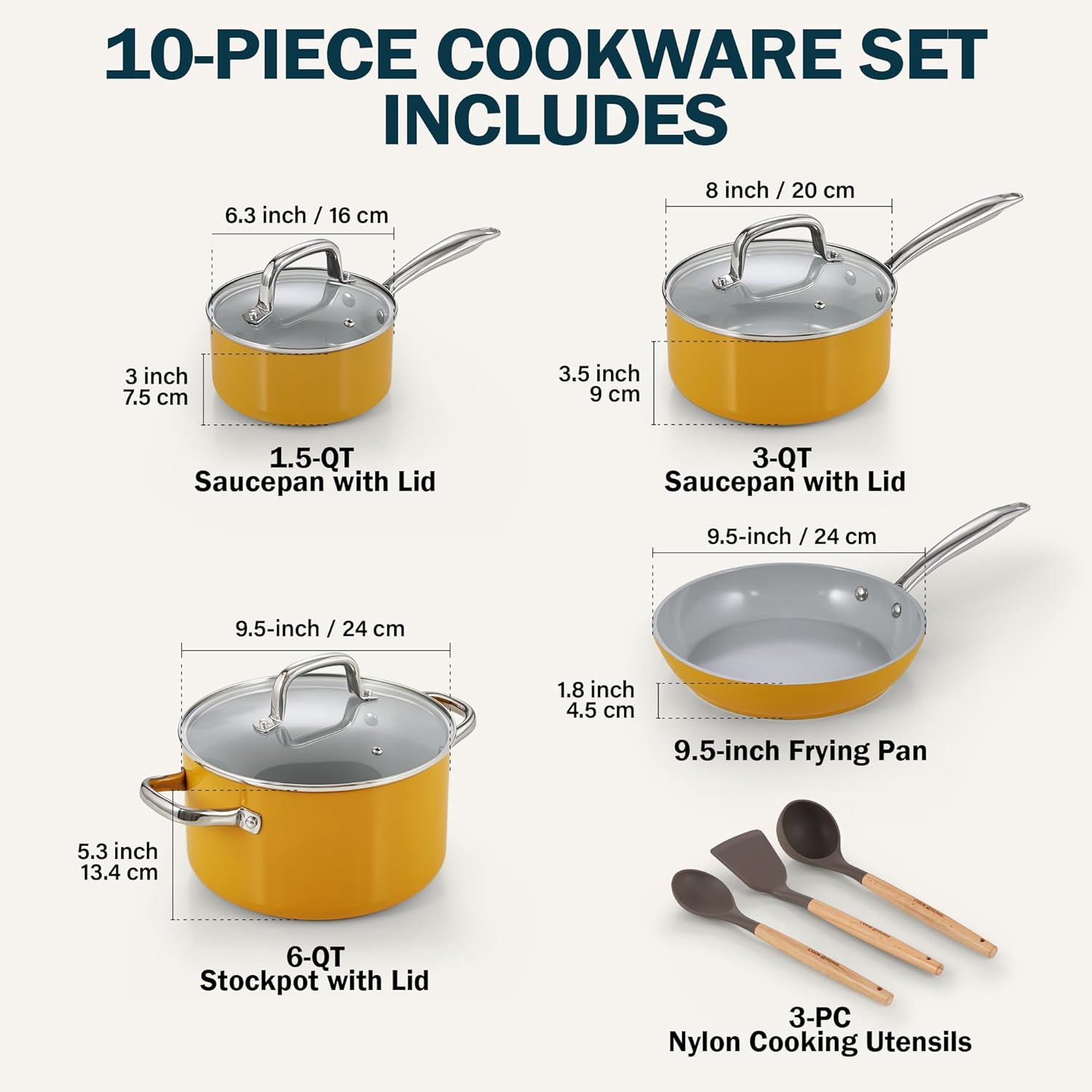 Cook N Home 10 Pcs Ceramic Pots and Pans Cookware Set, Non Stick & Non-Toxic Health Kitchen Cook Ware Sets, Yellow
