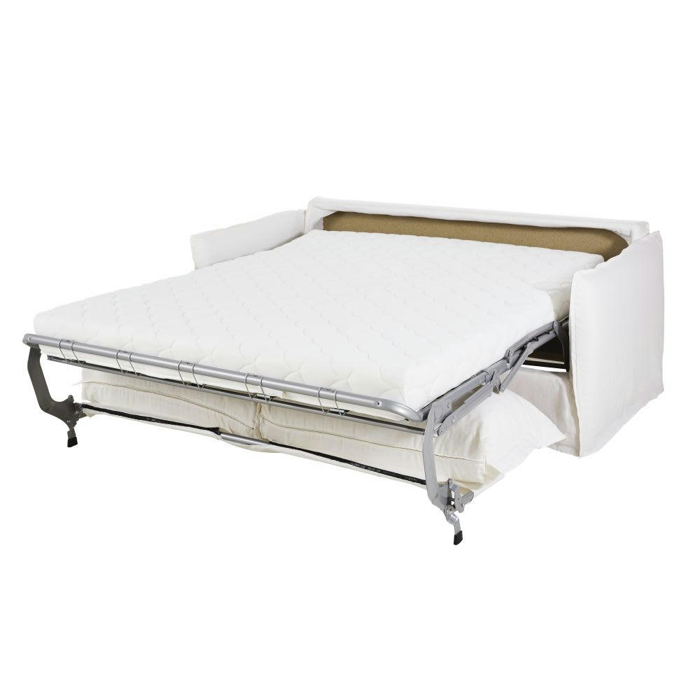 Barcelone - Canapé convertible 3 places en lin blanc, matelas 14 cm
