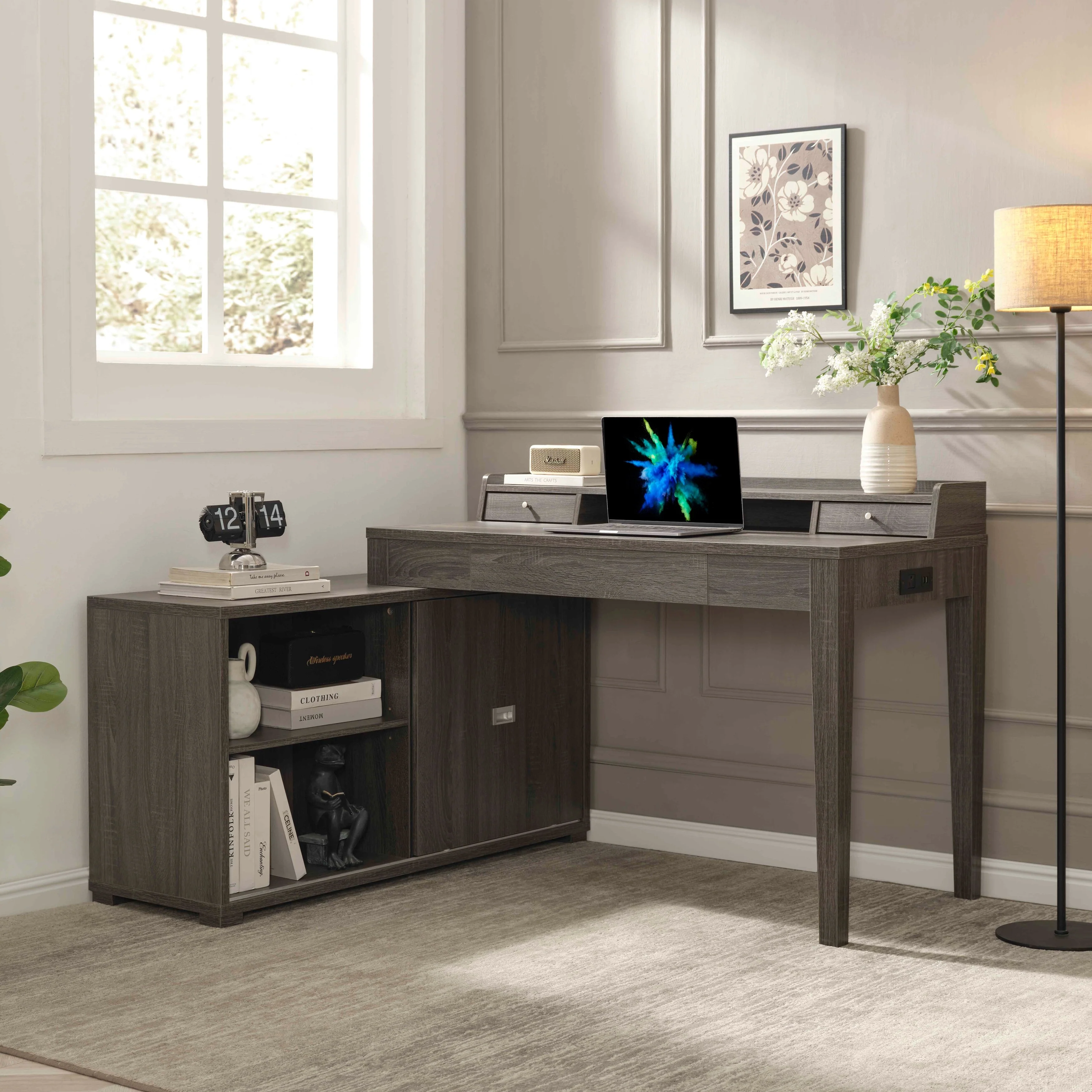 L-Shaped Workstation Home Office Desk Grey Mini Hutch Return Credenza Sliding Door Aluminum Metal Hardware