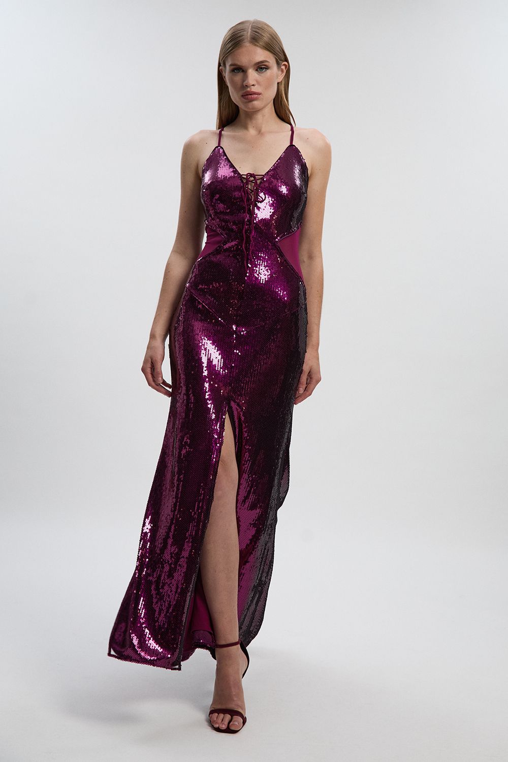 KarenMillen Petite Sequin Power Mesh Lace Up Front Halter Neck Split Detail Maxi Dress