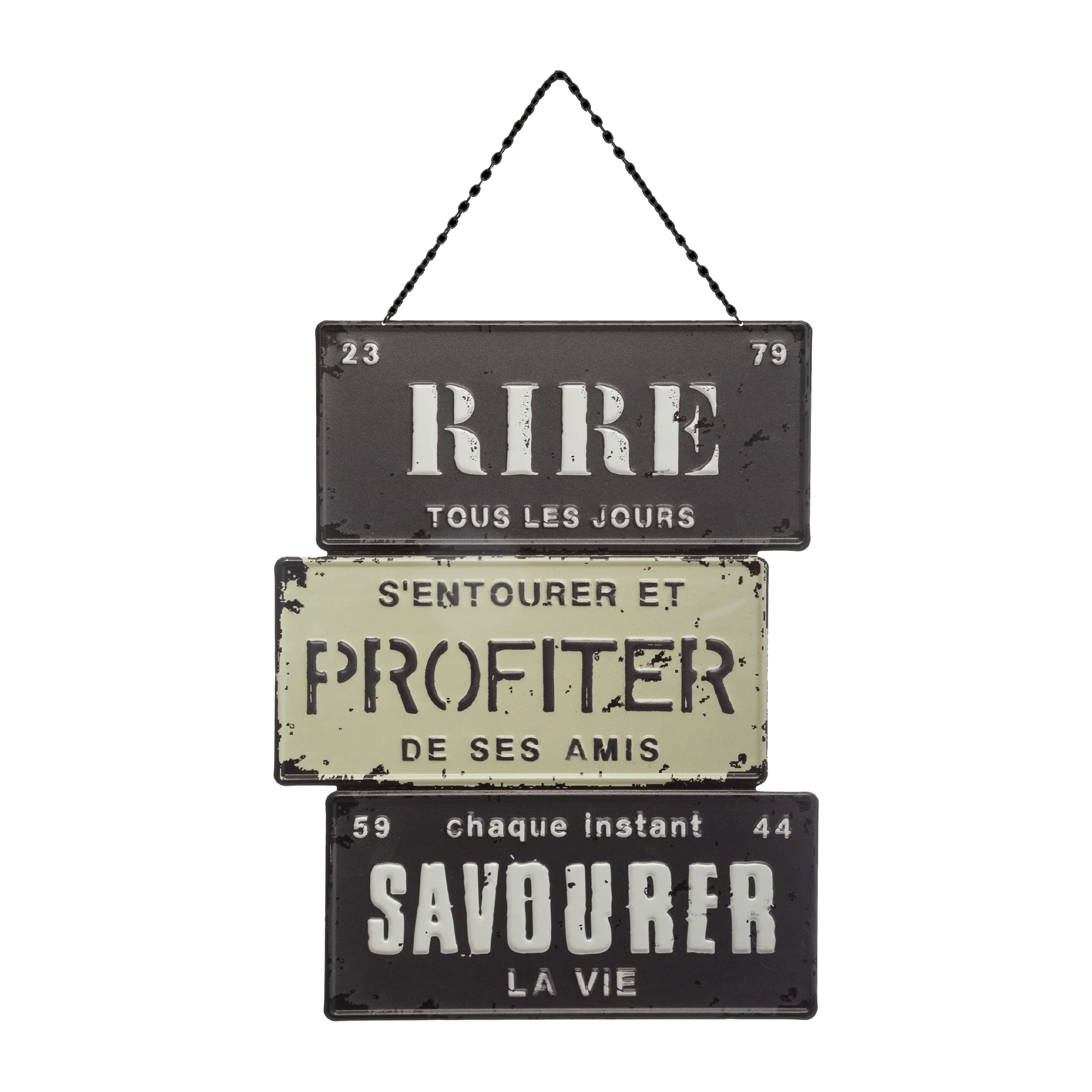 Plaque métal PROFITER DE LA VIE gris, blanc et noir