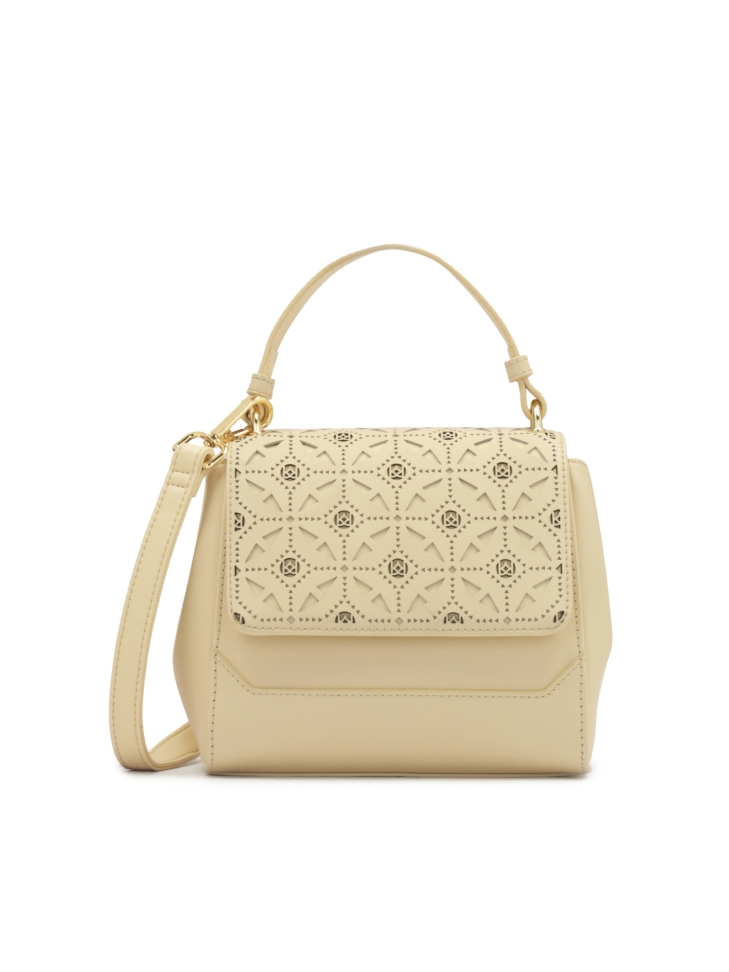 Handbag with flap decorated with openwork pattern