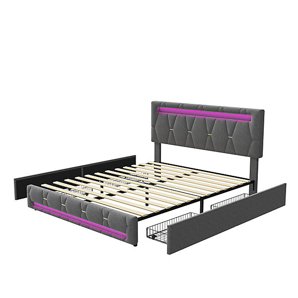 Lit 140x200 avec Sommier LED et USB,Lit capitonné avec 4 tiroirs et Grand Rangement Lit,Gris