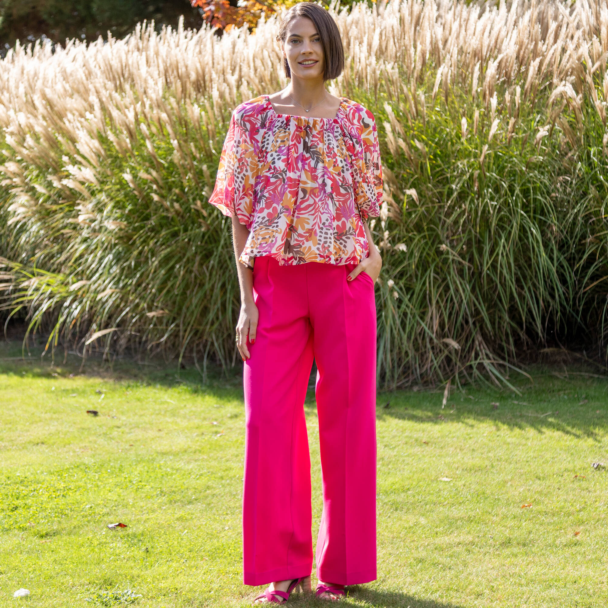 Blouse élastiquée manches blousantes, mousseline multicolore