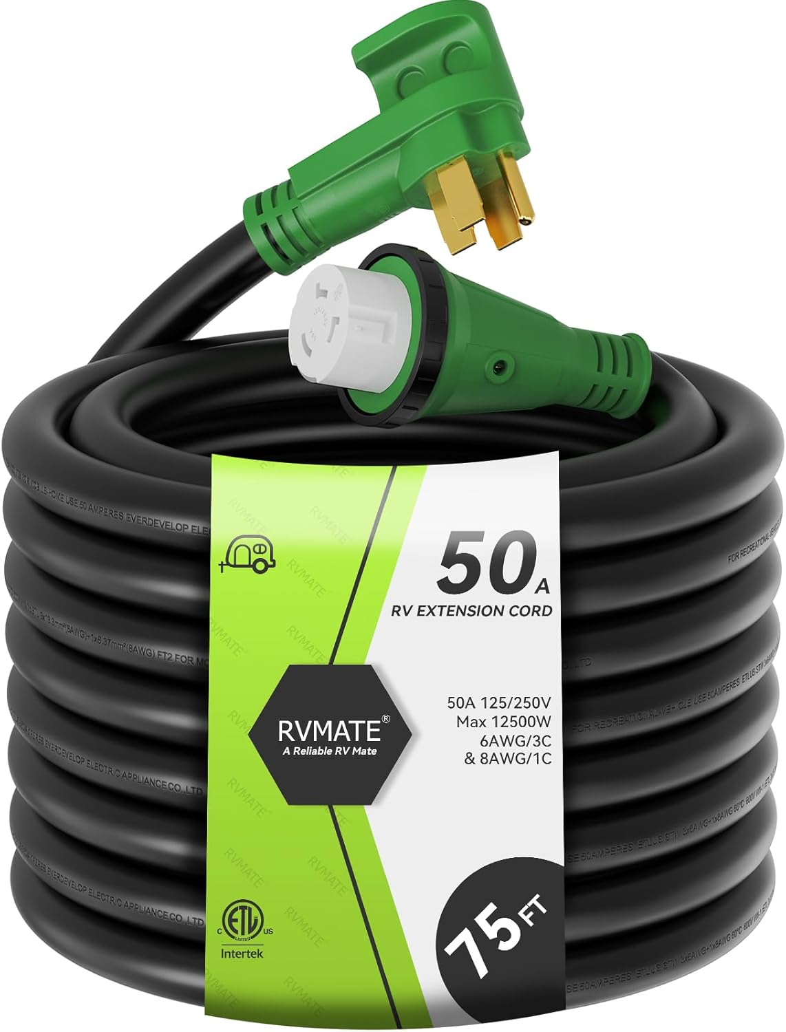 RVMATE 50 Amp 75 Feet RV/Generator Lockable Power Extension Cord  Easy Plug in Handle  14-50P to SS 2-50R with LED Indicator  ETL Listed