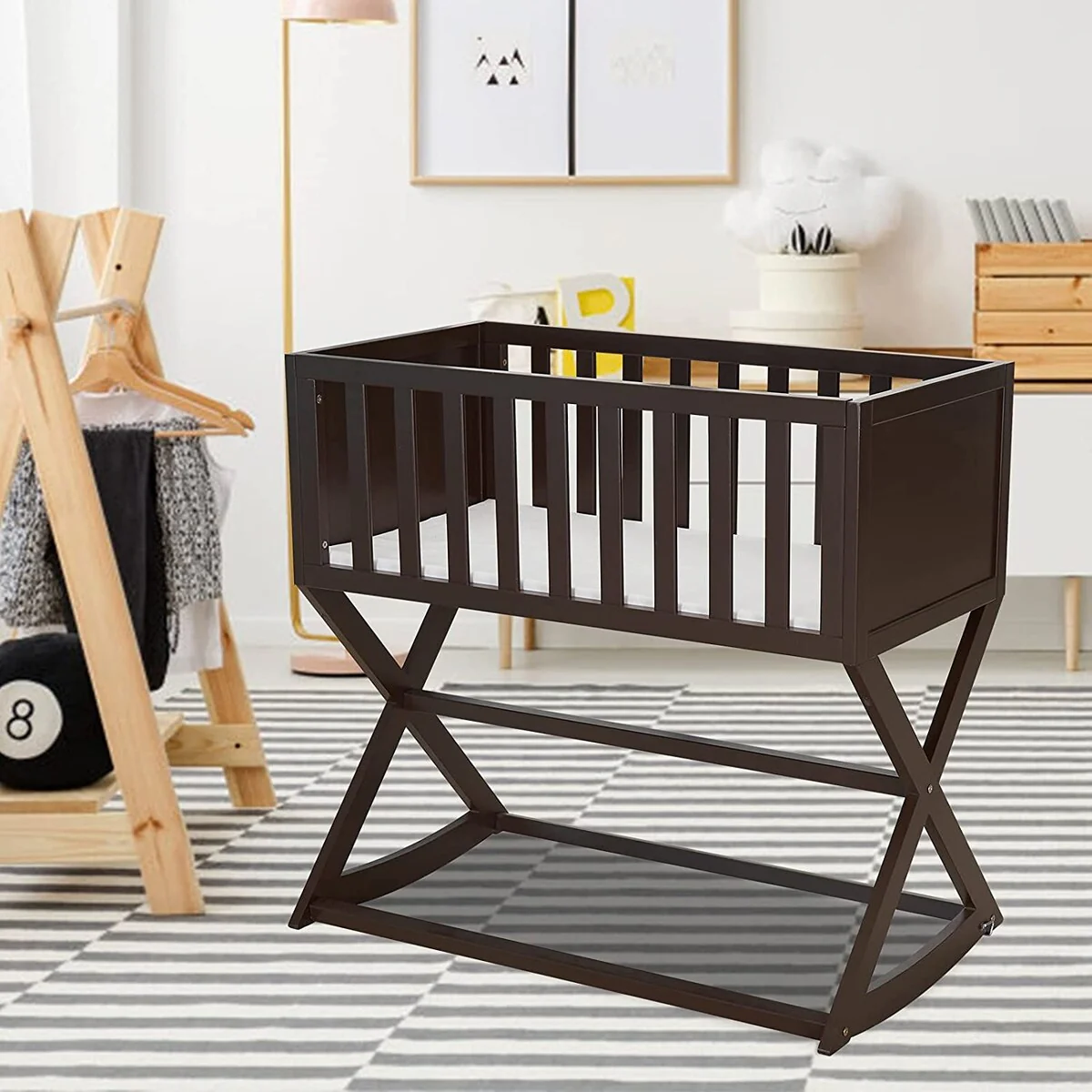 Kinbor Baby Cradle, Stationary and Rocking Bassinet, Handcrafted Elegant Wood Cradle with Mattress