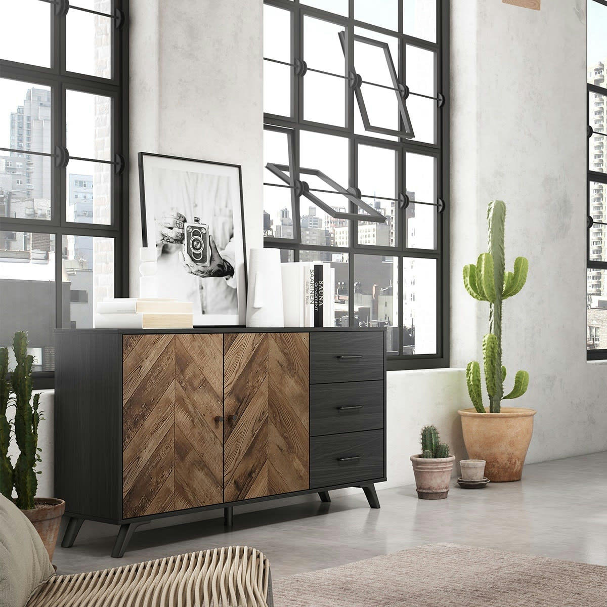 DARIO - Buffet 2 portes 3 tiroirs effet bois à chevrons / noir 136 cm