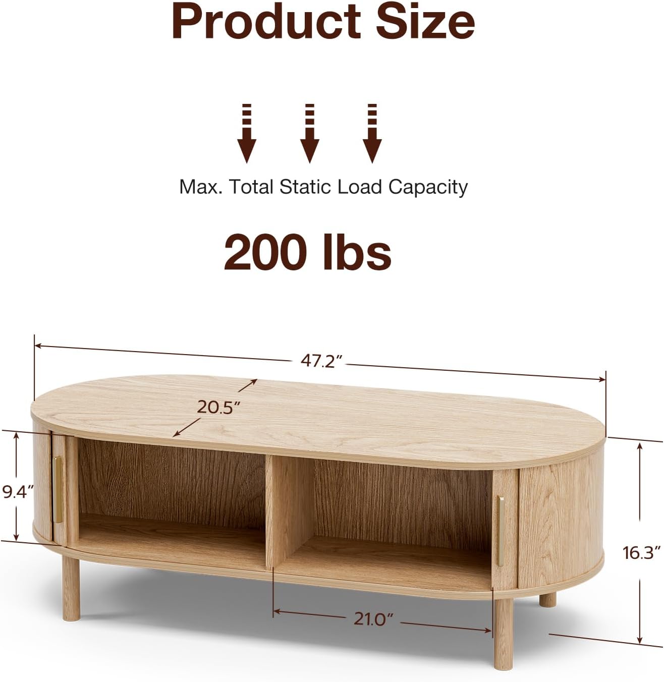 ZttRiee Coffee Table for Living Room, Modern Oval Coffee Table with Cabinets & Sliding Doors, Home Small Space, 47.2 Fluted Center Table, Natual