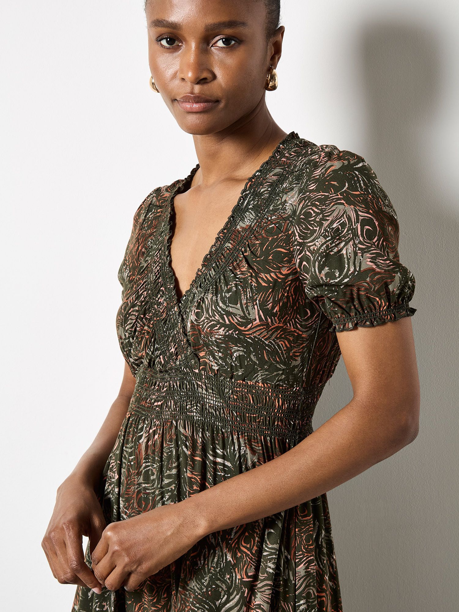 Apricot Peacock Feather Print Maxi Dress