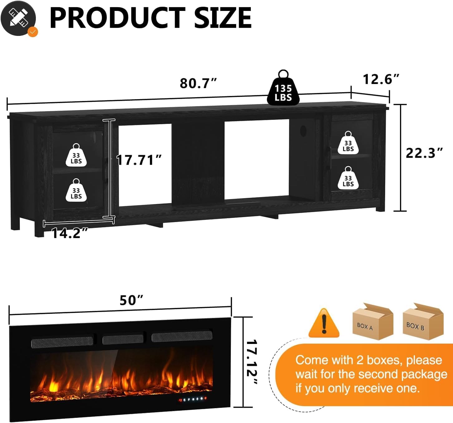 MXV 80 Fireplace TV Stand, Modern Entertainment Center with 50 Inch Smart Fireplace, Adjustable Shelf & Glass Door, Fire Place with WI-FI Enabled, TV Console for Living Room, Black