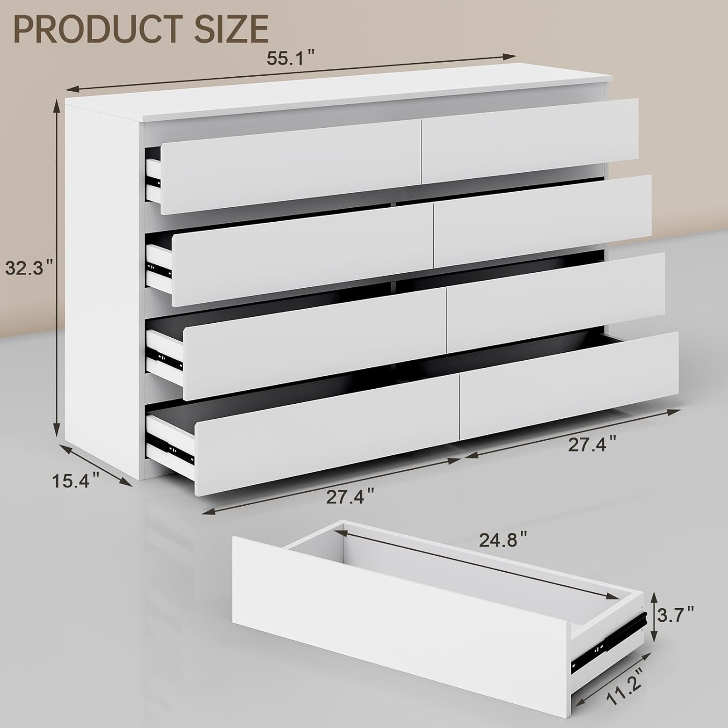White Wood Dresser for Bedroom, 8 Drawer Dressers for Clothes Storage, Modern Dresser with Wide Drawers, Wide Wooden Chest Drawers for Living Room, Entryway, TV Stand(55 W x15.4 Dx32.3 H)