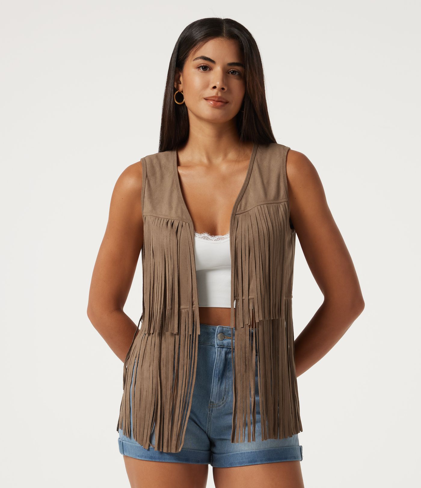Gilet ouvert en suédine à encolure en V et franges