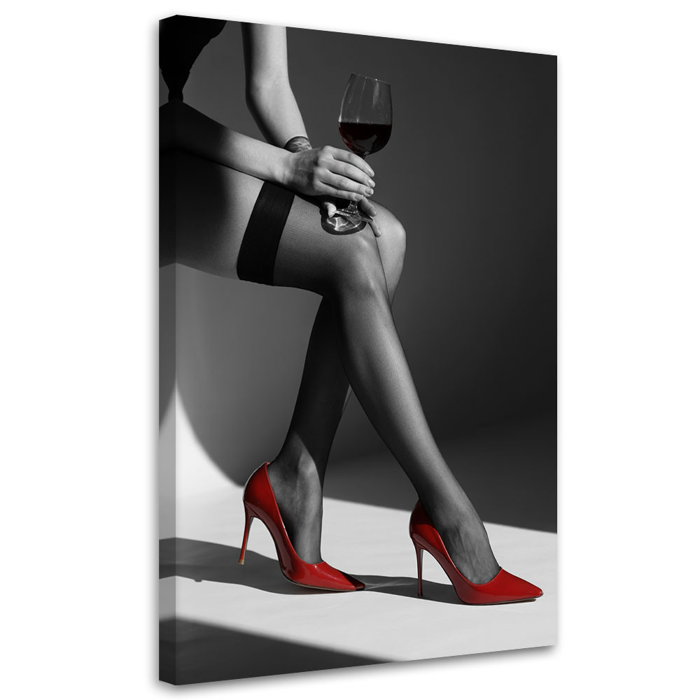 Feeby Obraz, Elegancka Kobieta z lampką wina w szpilkach 40x60